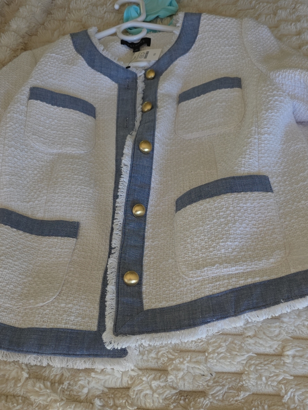 Talbots Cream Bouclé Jacket with Blue Trim and Gold Button